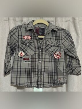 Vintage Y2K Guess gray and black plaid flannel shirt with patches